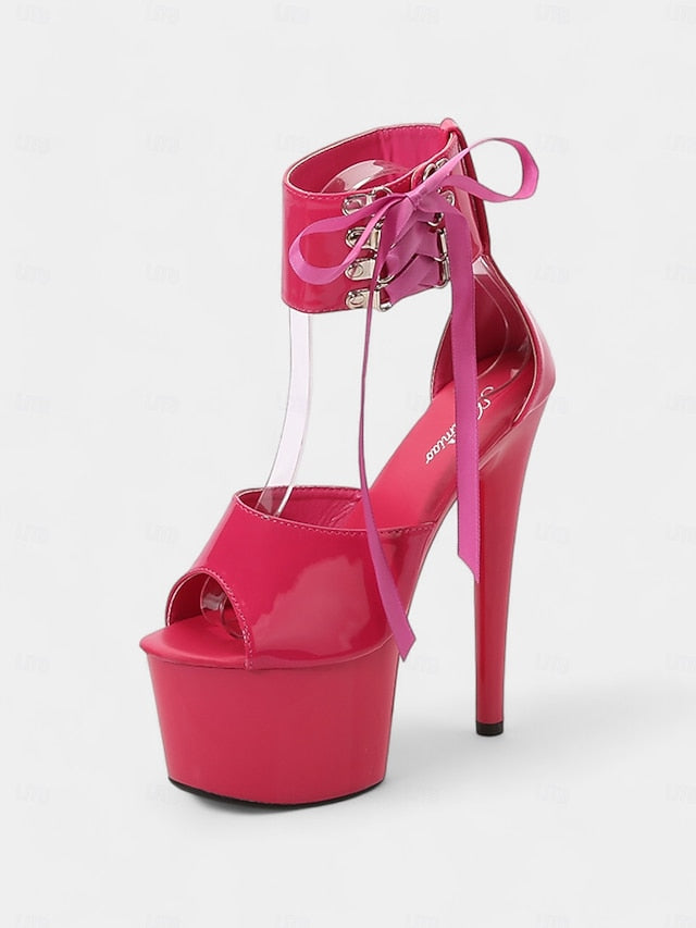 Black Patent with Platform Sandals Leather Ankle Straps Lace-Up