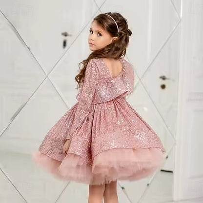 Sleeve Girls' Party Color Performance Kids Solid Dress Long