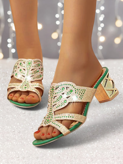 Heeled Embellished and Rhinestone - Green Sandals Gold