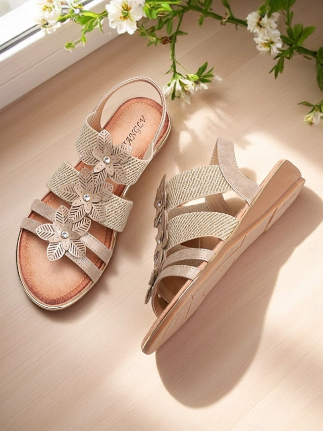 Elegant Women's Beige Floral Rhinestone – Flat Sandals