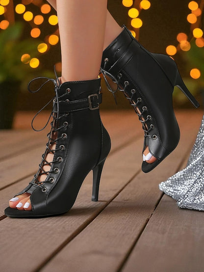 High Women's Heel Peep Booties Black Toe - Stiletto Lace-Up