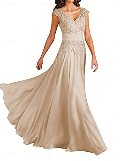 Floor Neck Elegant of Mother the Dress Simple A-Line Bride V