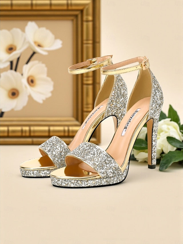 Sandals Glitter Silver High with Women's Heel Strap Ankle