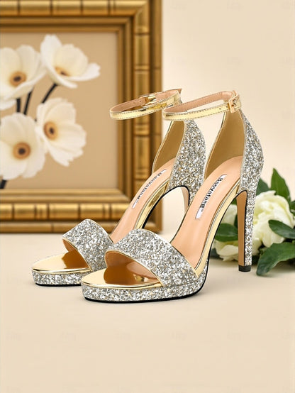 Sandals Glitter Silver High with Women's Heel Strap Ankle