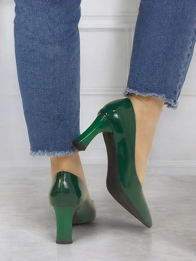 Heel Green Leather Faux Glossy Patent Pumps Pointed-Toe Block