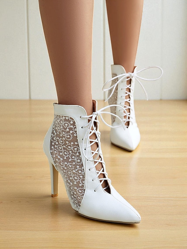 Stiletto Heels White Lace Mesh with Women's Ankle Booties