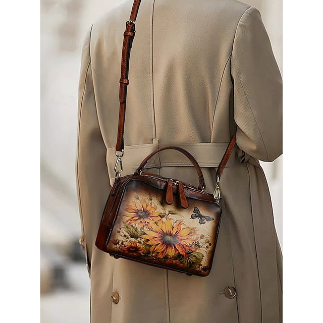 – Sunflower Print Vintage with Handbag Leather and Butterfly