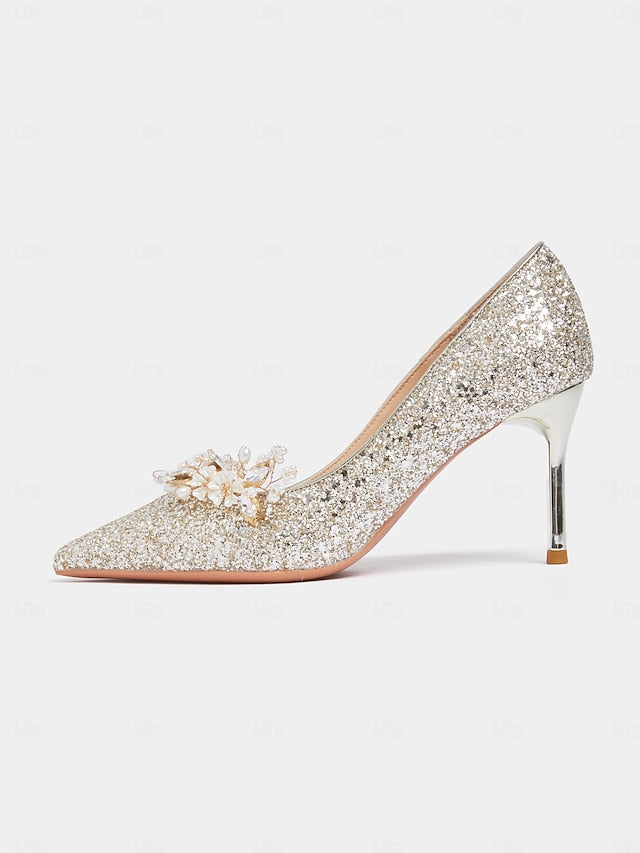 Glitter Silver Heels Stiletto Floral with Women's