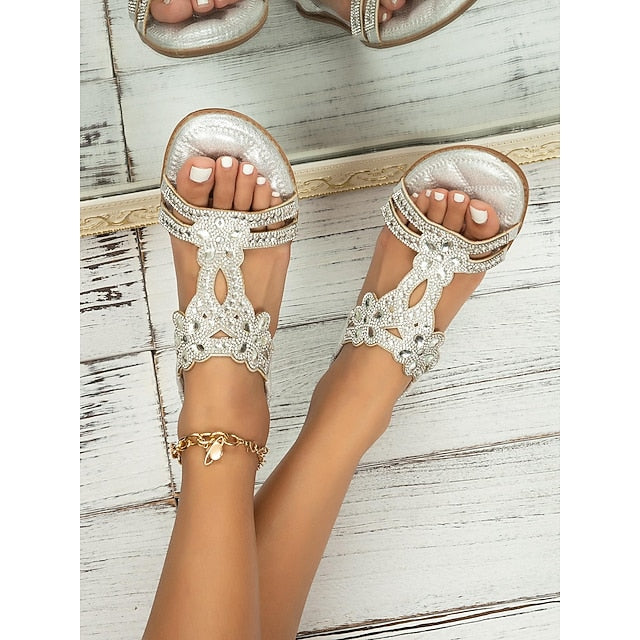 Rhinestone – Flat Boho Silver Sandals Women's T-Strap