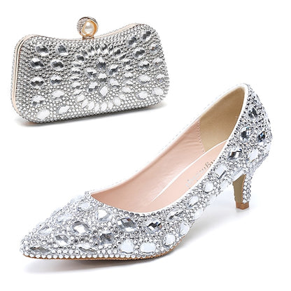 Heel and Matching Women's Kitten Shoes Crystal-Embellished