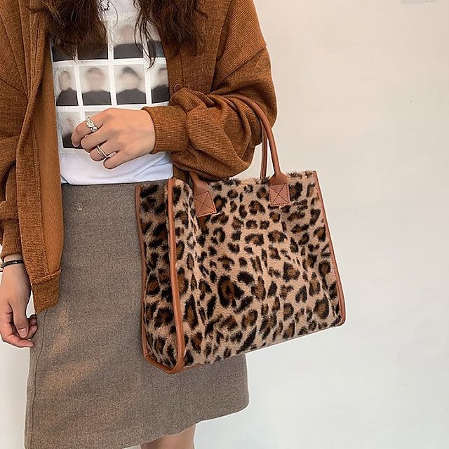 Leopard Bag Fur Brown Leather Women's Faux Print with Tote
