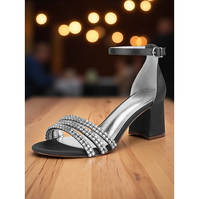 Purple Block Sandals Women's Heel Satin Rhinestone with