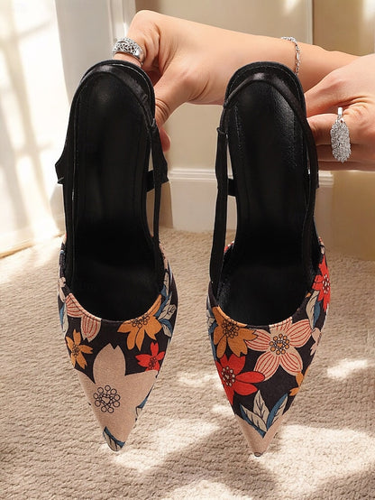 Slingback Elegant Pointed Heels Toe High Women's – Floral