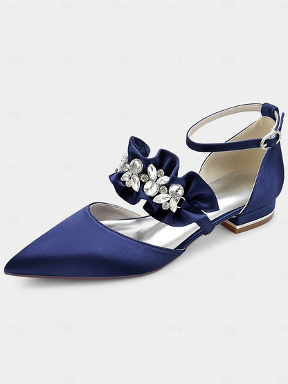 Satin Pointed-Toe with Women's Black Rhinestone Flats