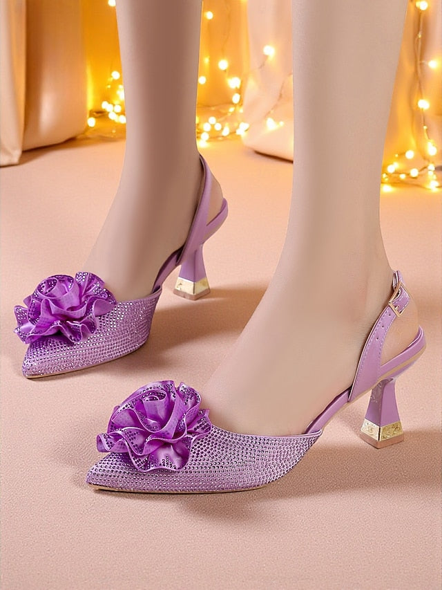 Rhinestone Heels Floral Slingback Women's with Purple