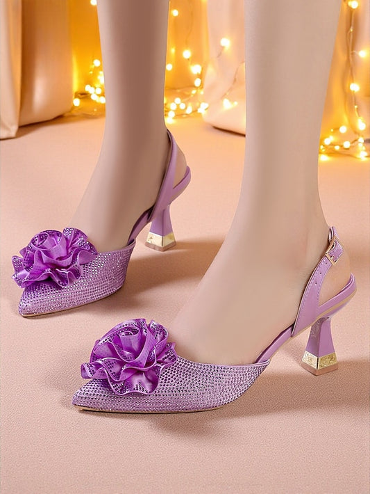 Rhinestone Heels Floral Slingback Women's with Purple