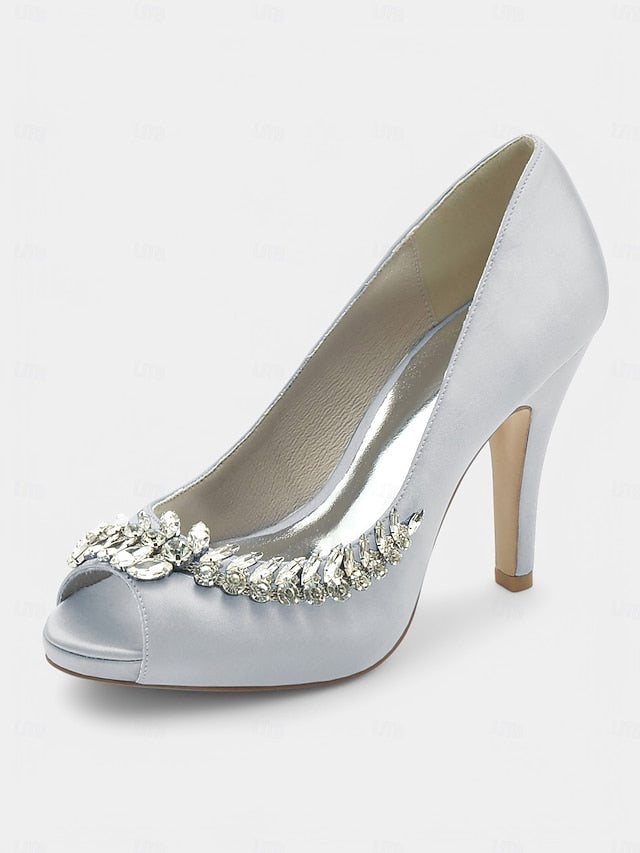with – Peep-Toe Crystal Embellishment Heels Blue Satin Luxury