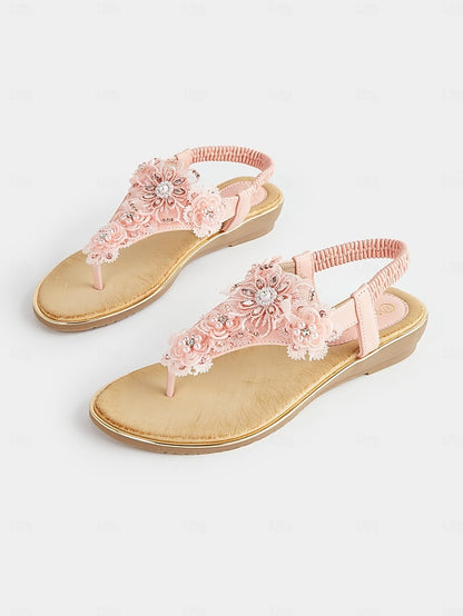 Women's Floral Sandals Pink T-Strap – Lace Embellished