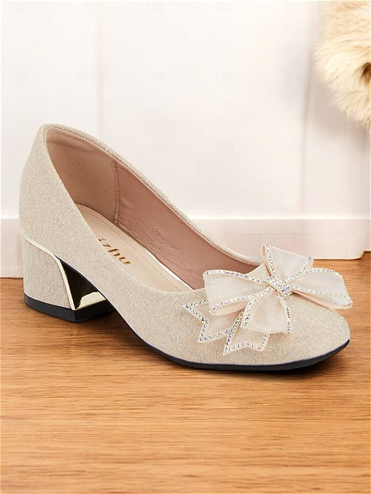 with Pumps Women's Gold Glitter Heel - Bow Decoration Block