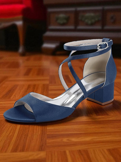 Elegant Block Sandals Women's - Ankle Heel Strap Satin with
