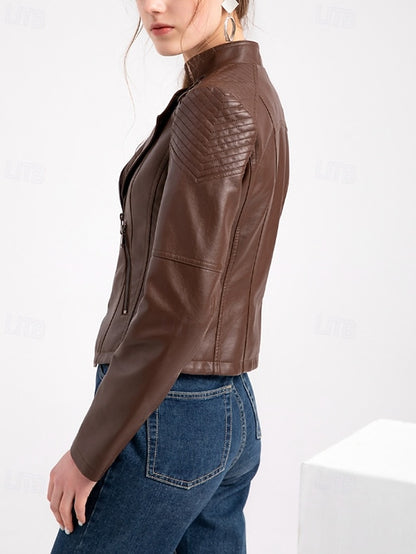 Jacket Zipper Leather Pocket Comfortable Faux Women's
