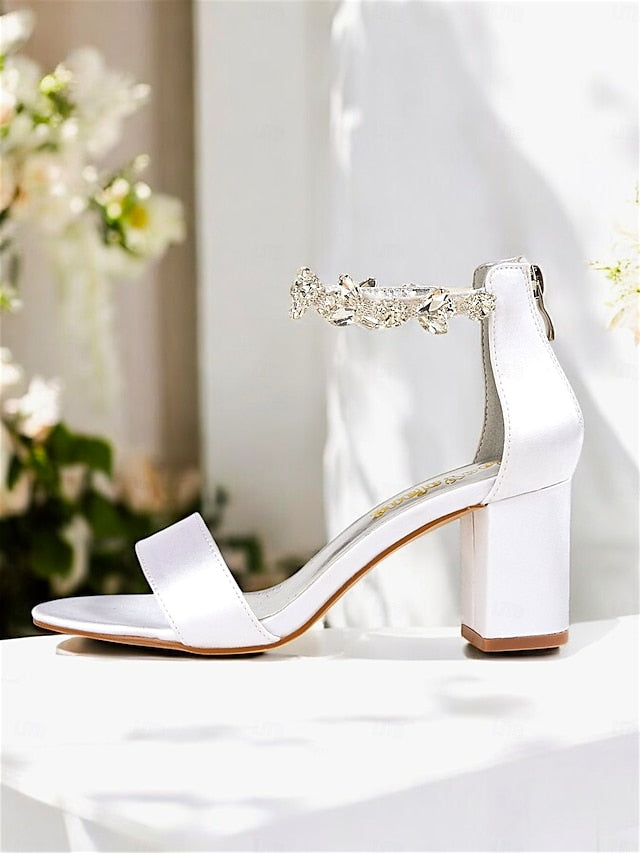Ankle Block White with Heel Sandals Bridal Floral Strap Satin
