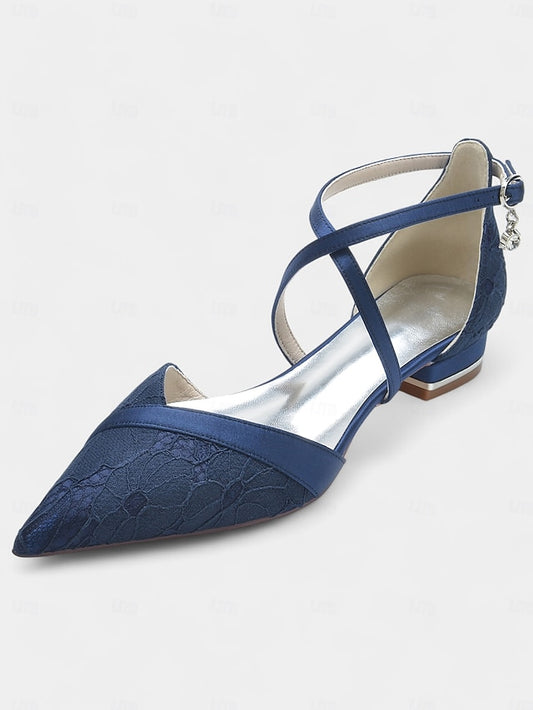Cross-Strap Heel Blue Satin Overlay for Navy Lace with Low Shoes