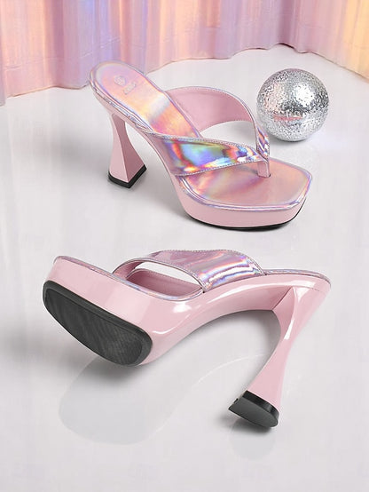 Iridescent Pink with Women's Open-Toe Heels Block Chunky