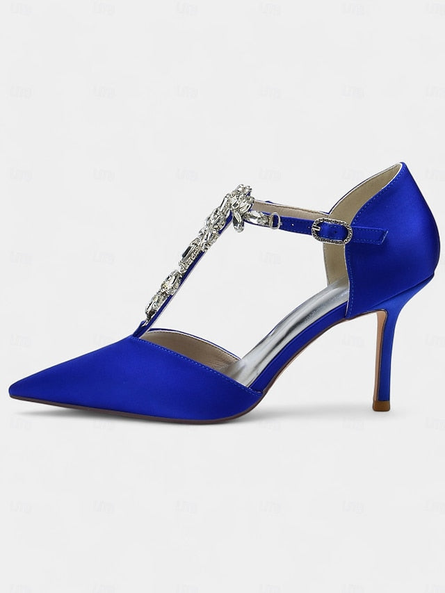 Pointed Women's Satin Blue – Navy Toe Heels T-Strap