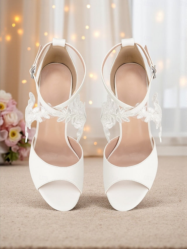 Sandals Heel Women's Ankle White - Strap Block with Lace