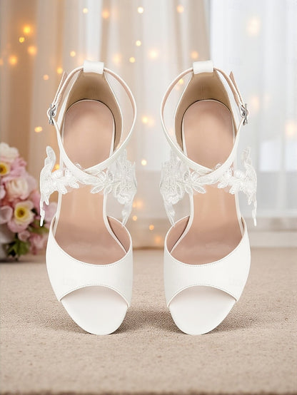 Sandals Heel Women's Ankle White - Strap Block with Lace