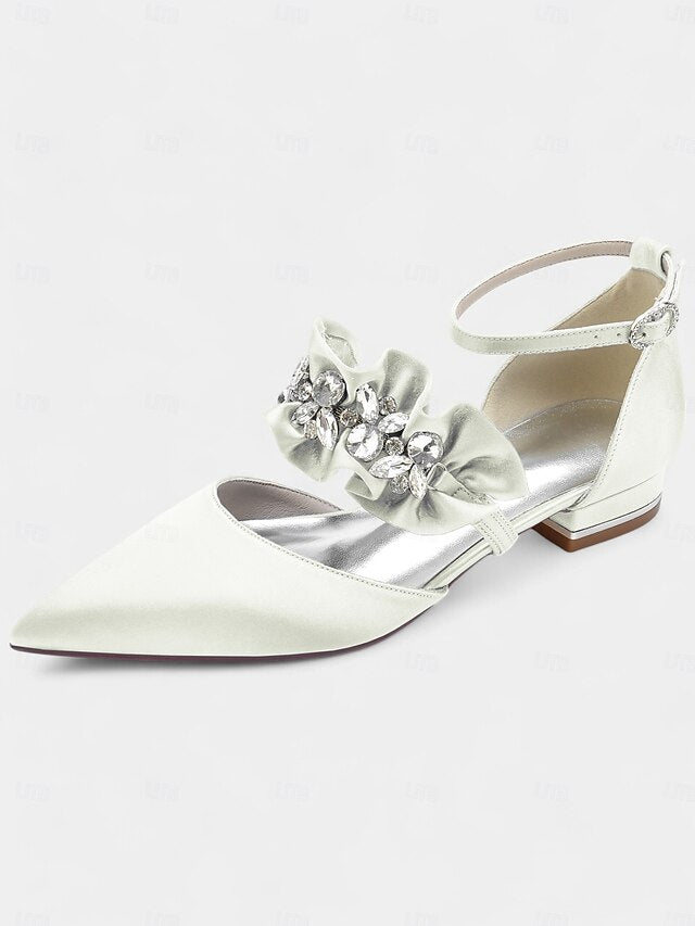 Satin Pointed-Toe with Women's Black Rhinestone Flats