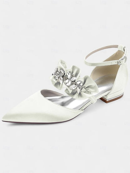 Satin Pointed-Toe with Women's Black Rhinestone Flats