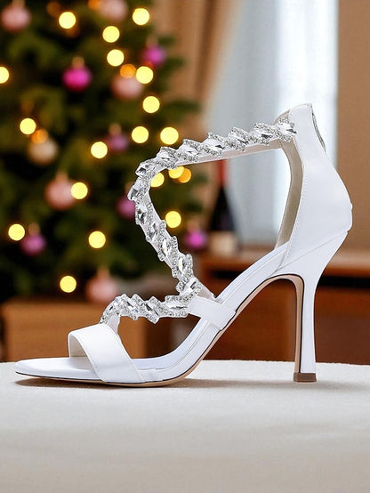 - Heel Strappy Sandals White Rhinestone Women's High
