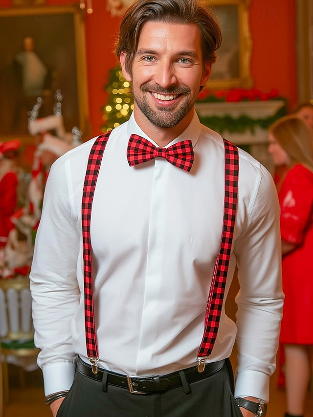 Set Suspender Tie and Christmas Bow Men's Adjustable Plaid