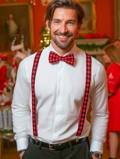 Set Suspender Tie and Christmas Bow Men's Adjustable Plaid