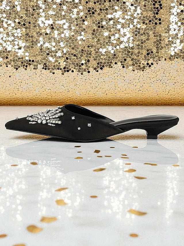 Satin Pointed Black Mules Rhinestone Women's with Toe
