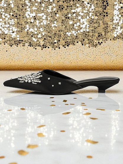 Satin Pointed Black Mules Rhinestone Women's with Toe