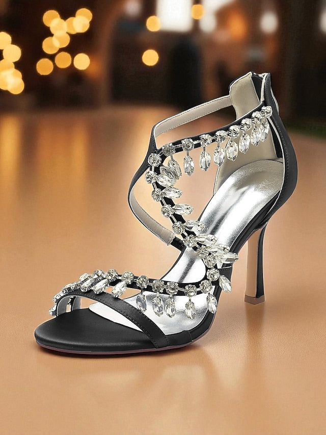 Women's Heel Rhinestone High Sandals Strappy with White