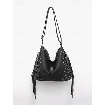 - Brown Leather Boho Studded Bag Women's Hobo Skull Fringe