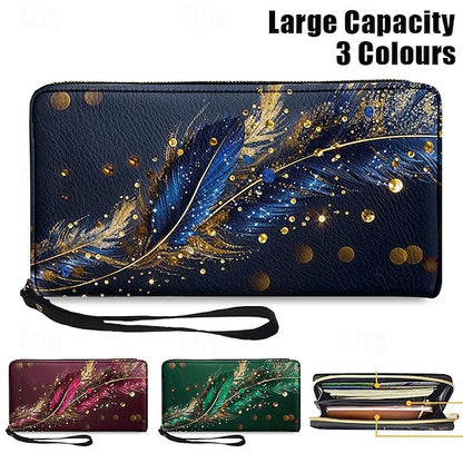 Women's with Gilded Large Capacity Wallet Feather Print