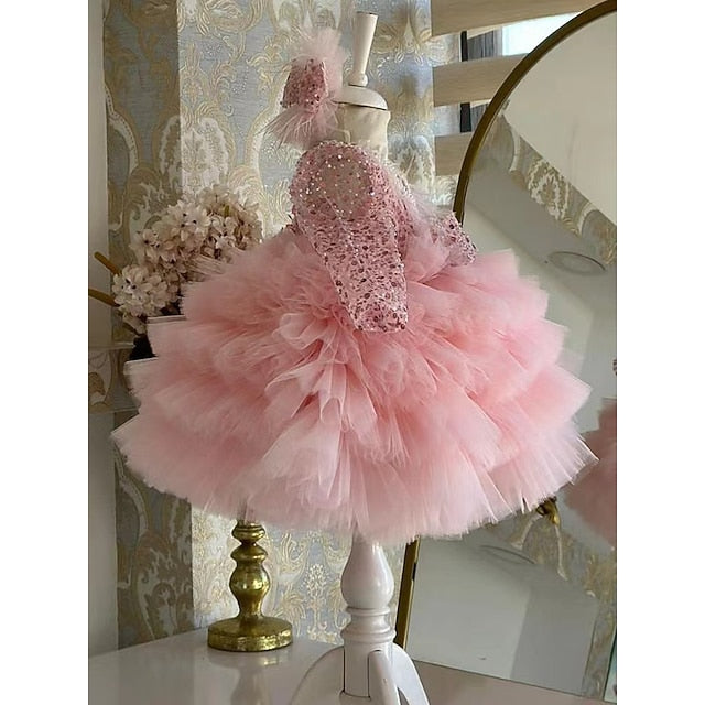 Sleeve Kids Sequin Dress Long Party Performance Girls'