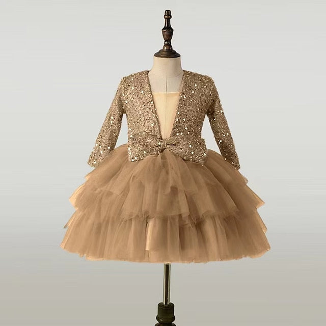 Sleeve Kids Sequin Dress Long Party Performance Girls'