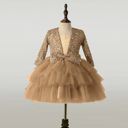 Long Party Dress Performance Sequin Kids Girls' Sleeve