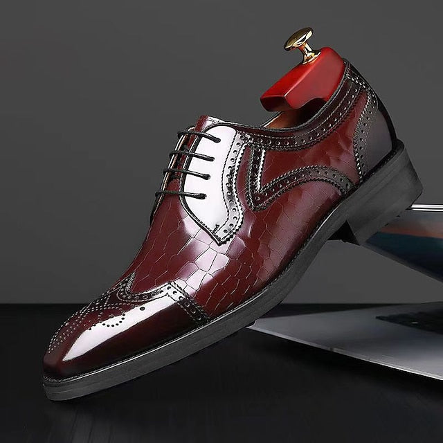 Leather with Patent Brogue Shoes Men's Burgundy Oxford