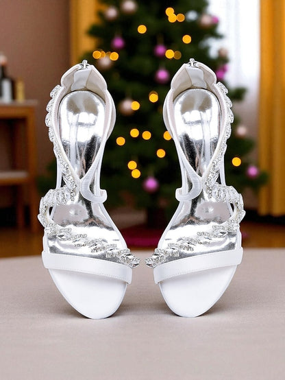 - Heel Strappy Sandals White Rhinestone Women's High
