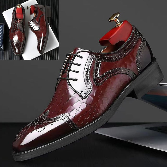 Leather with Patent Brogue Shoes Men's Burgundy Oxford