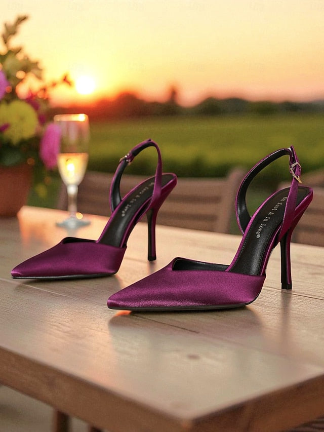 Women's Toe Elegant - Satin Pointed Heels Purple Slingback