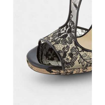 Mesh Design Heels Stiletto for with Peep-Toe Lace Black