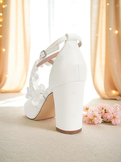 Women's Heel Ankle Block Strap White - with Lace Sandals